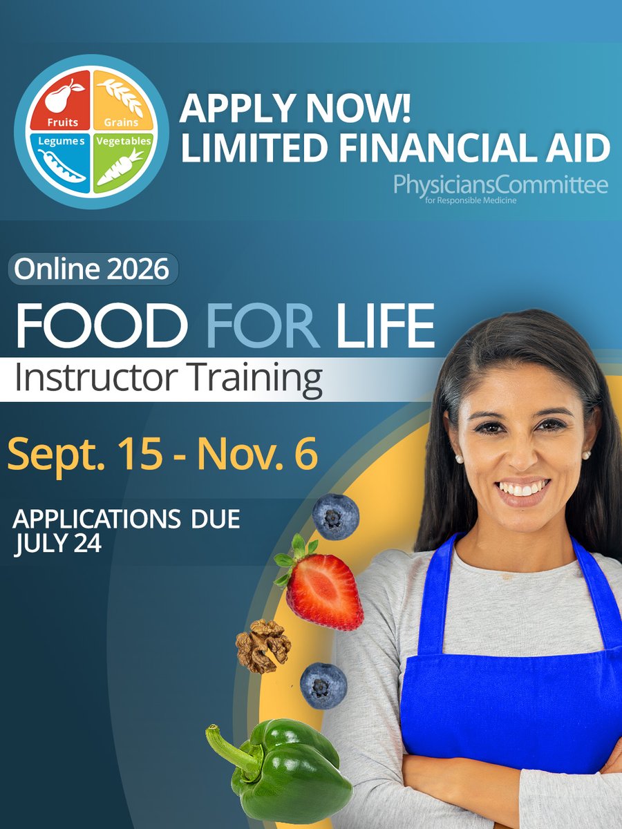 PCRM's tweet photo. 🌱 Want to teach the power of plant-based nutrition in your community?

Applications are now open for the Fall 2026 Food for Life Instructor Training Program—and limited financial aid is available.

📅 Sept. 15–Nov. 6 
📅 Apply by July 24
Learn more: https://t.co/51Kmwkltil

#FoodForLife #PlantBasedNutrition