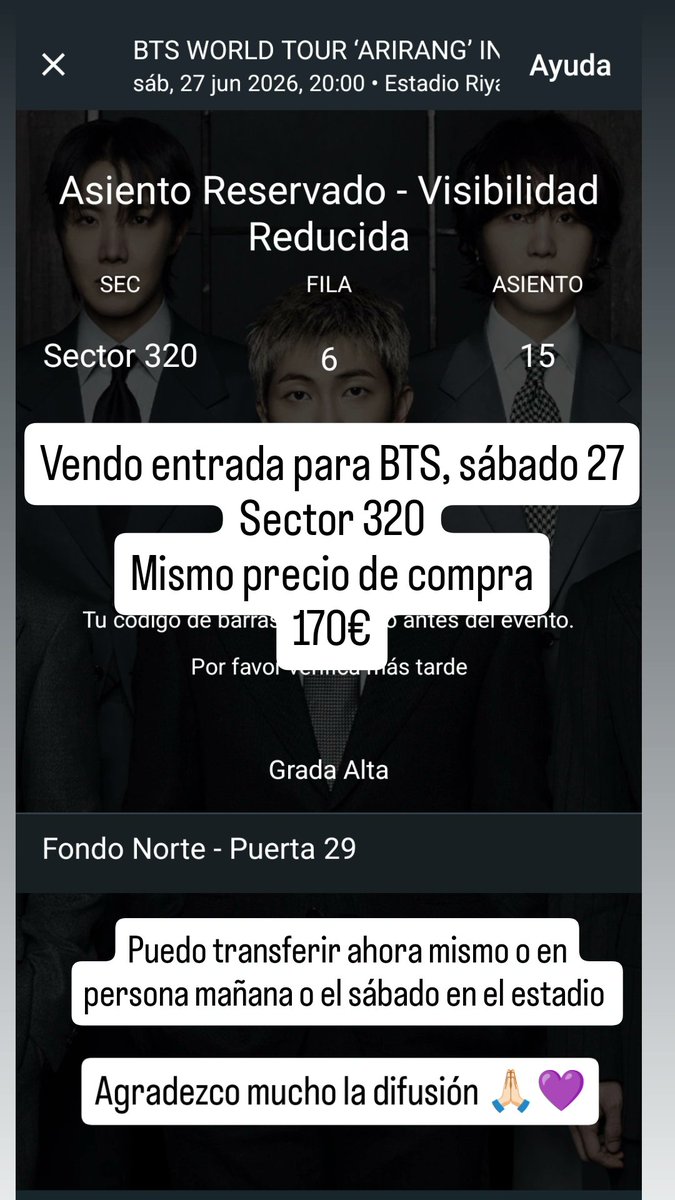 Lau10969's tweet photo. Vendo entrada BTS, sábado 27, sector 320. Mismo precio de compra 170€ https://t.co/IW6Teywbrw