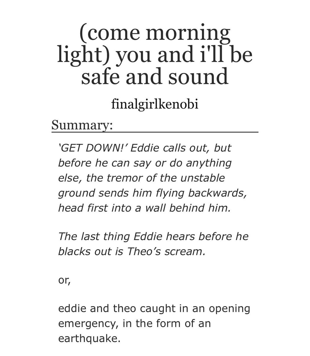 TheChosenPun's tweet photo. ♡ (come morning light) you and i’ll be safe and sound 
♡ eddie and theo caught in an opening emergency 
♡ eddie nde, worried buck, buddie love confessions 
♡ 17,425 words. dual pov 
♡ #AVeryBuckleyDiazSummer 

https://t.co/QAnMkPgAox https://t.co/7z99ZnyMUV