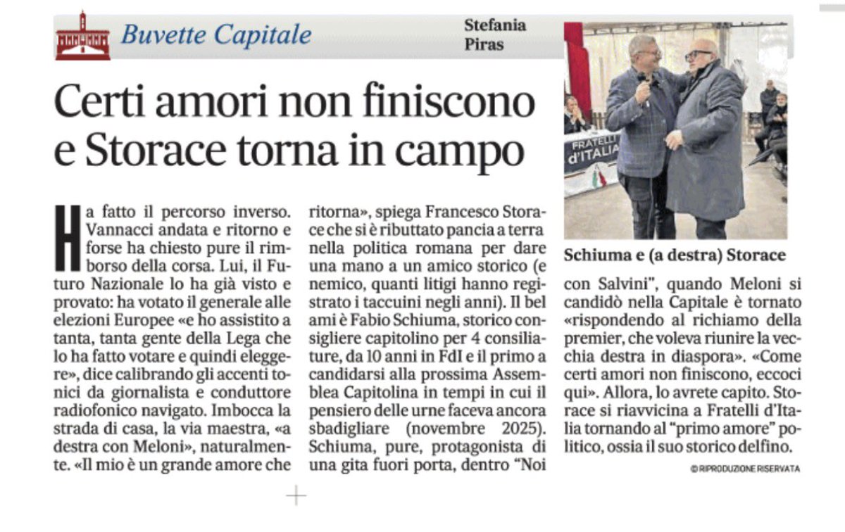 Storace's tweet photo. A #IlMessaggero c’è una spia: hanno scoperto che io e Fabio #Schiuma ci vogliamo bene da chissà quanto tempo e che gli darò una mano per salire in Campidoglio.
Comunque un pezzo divertente e tutto sommato - chissà - portafortuna…✍️ https://t.co/0s1jdY5yz8