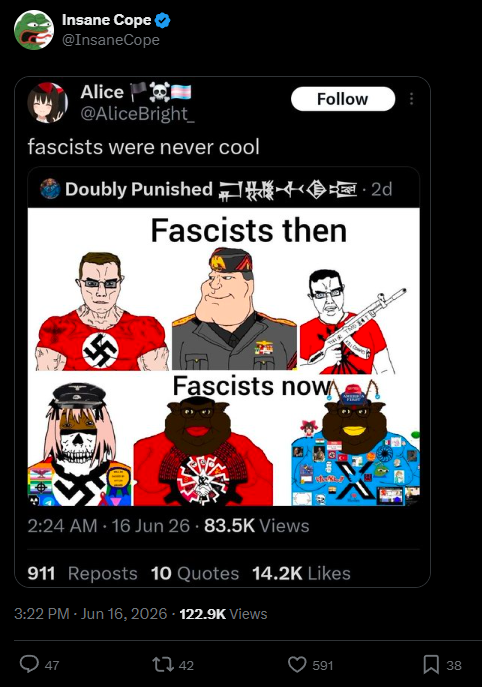 sleepy_devo's tweet photo. how is it "insane cope" to say that "X has gone full blown nazi", when at the very least, the insane cope account has posted in support of nazis?

seems to be a somewhat accurate description of this site at the moment https://t.co/DI4Di103Zb