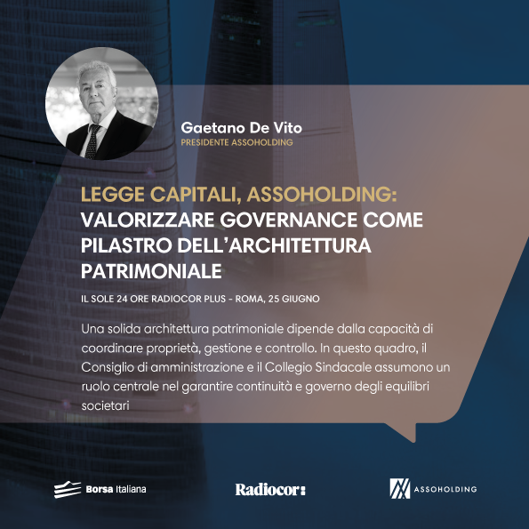assoholding's tweet photo. 🔴 Legge Capitali, Assoholding: valorizzare governance come pilastro dell’architettura patrimoniale.

Lo afferma Gaetano De Vito, presidente di Assoholding, illustrando i contenuti della Circolare n. 2/2026.

https://t.co/J6nCkimGnU https://t.co/eIwrmWJBQc