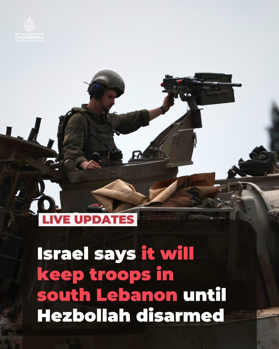 AJEnglish's tweet photo. Israel says it will keep troops in southern Lebanon until Hezbollah is disarmed, despite US-mediated talks in Washington.

Israeli government spokesperson David Mencer said troop withdrawal would come only after Hezbollah is disarmed.

🔴 LIVE updates: https://t.co/xT74Ixl85S https://t.co/mg6HOnRTyD