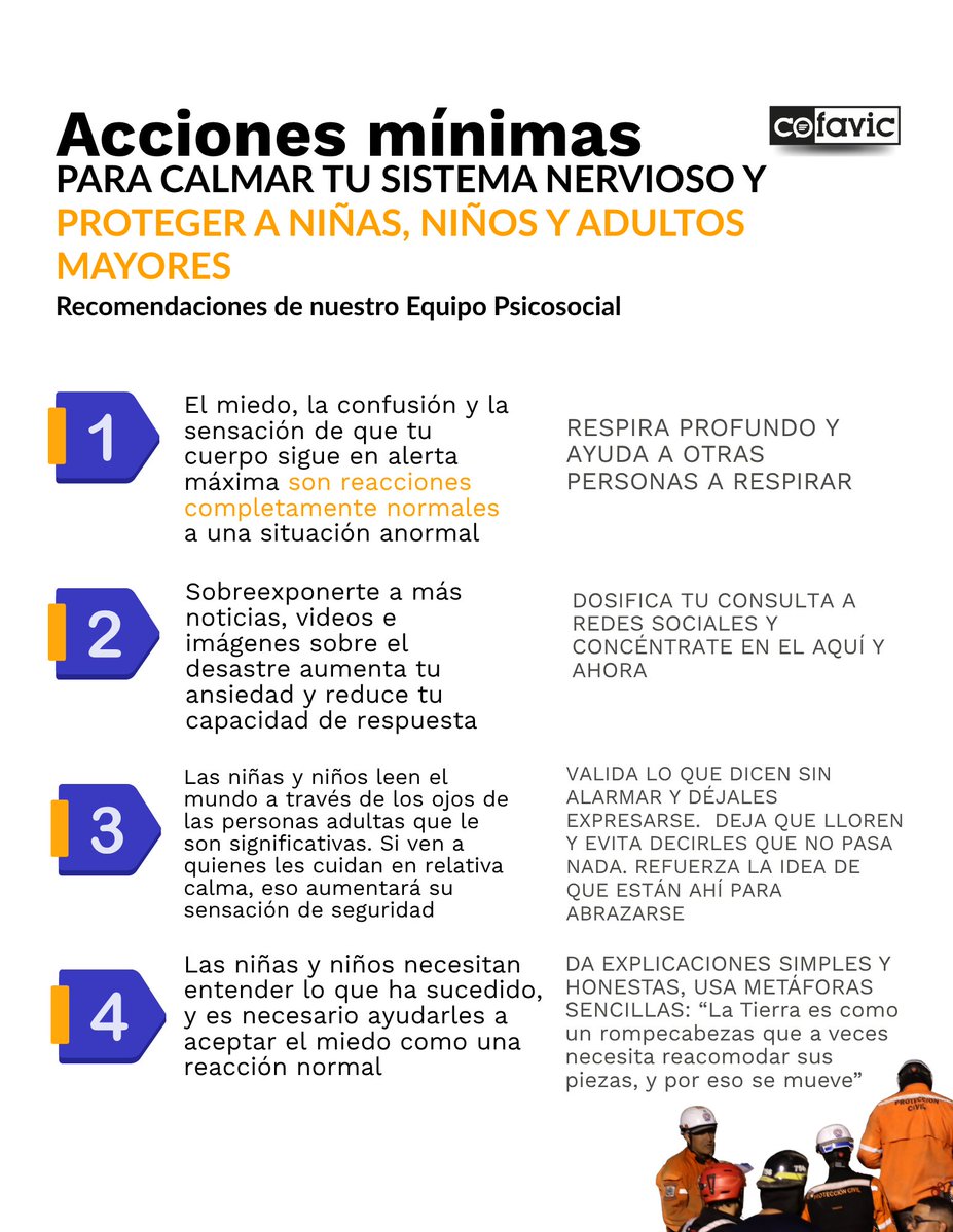 COFAVIC's tweet photo. Dejamos aquí las recomendaciones del Equipo Psicosocial de COFAVIC para ayudar a gestionar el estrés derivado del traumático doble terremoto que ha asolado a la población venezolana.

🟠Después de un evento traumático es importante prestar atención a nuestro bienestar emocional. 

🟠En momentos de crisis, las niñas, niños, adolescentes, personas mayores y personas con discapacidad pueden necesitar apoyo adicional.

🟠Escuchar con paciencia, ofrecer información clara y transmitir seguridad son acciones que fortalecen la resiliencia de nuestras comunidades.

➡️Guarda esta información y reenvíala a tus seres queridos

#ApoyoPsicosocial #Protección #SaludMental #Venezuela #Terremoto