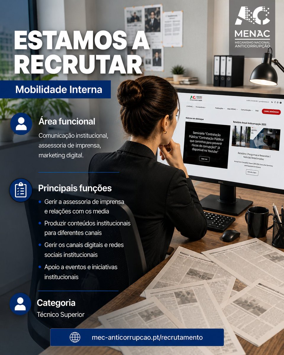 MENAC_PT's tweet photo. 📢 𝗘𝘀𝘁𝗮𝗺𝗼𝘀 𝗮 𝗥𝗲𝗰𝗿𝘂𝘁𝗮𝗿 

Encontra-se aberto o procedimento de mobilidade interna para o recrutamento de um/a Técnico Superior (Comunicação).  

🔗 Mais informações: https://t.co/Sr9eKnGcSg

#PrevenirACorrupção https://t.co/jlnzcIpZN9