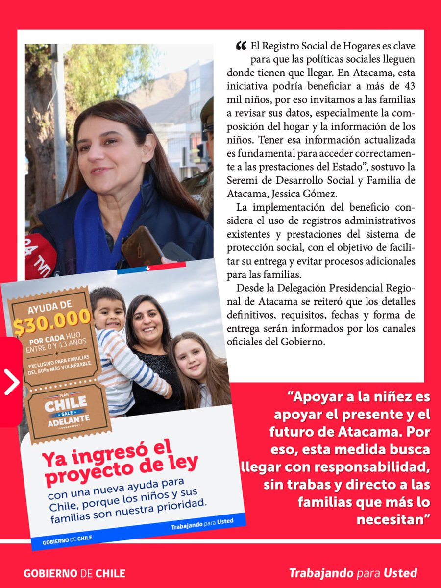 DPRAtacama's tweet photo. 👧👦 Cuando hay niños en el hogar, cada apoyo cuenta.

En Atacama, la Delegada Sofía Cid y la Seremi Jessica Gómez destacaron el proyecto de bono extraordinario de apoyo a la niñez, dirigido a menores de 13 años del 80% más vulnerable según el Registro Social de Hogares. https://t.co/mGbiYFX6gW