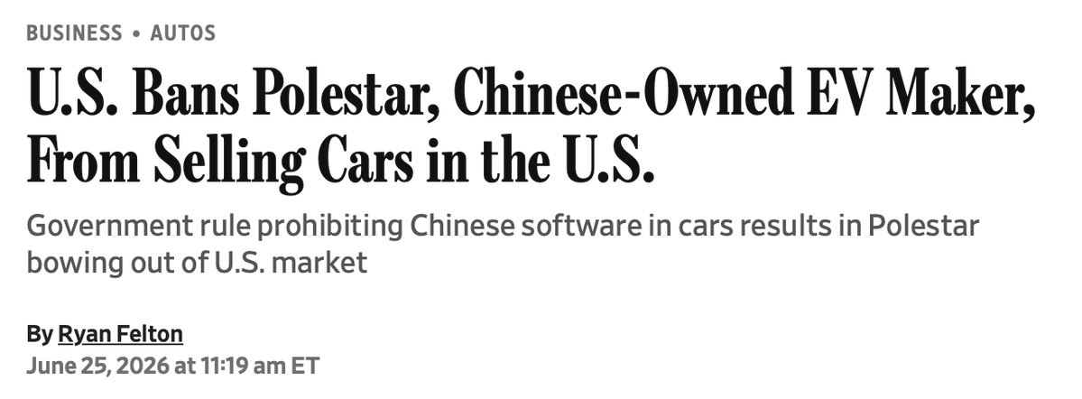 petereharrell's tweet photo. @CommerceGov ban on Polestar under the "connected cars" rule signals continued managed decoupling in strategic sectors even against more stable overall US-China relations. 

Also signals the continued role of tech controls, not just tariffs, in managing the econ relationship. https://t.co/vd9dtsreSO