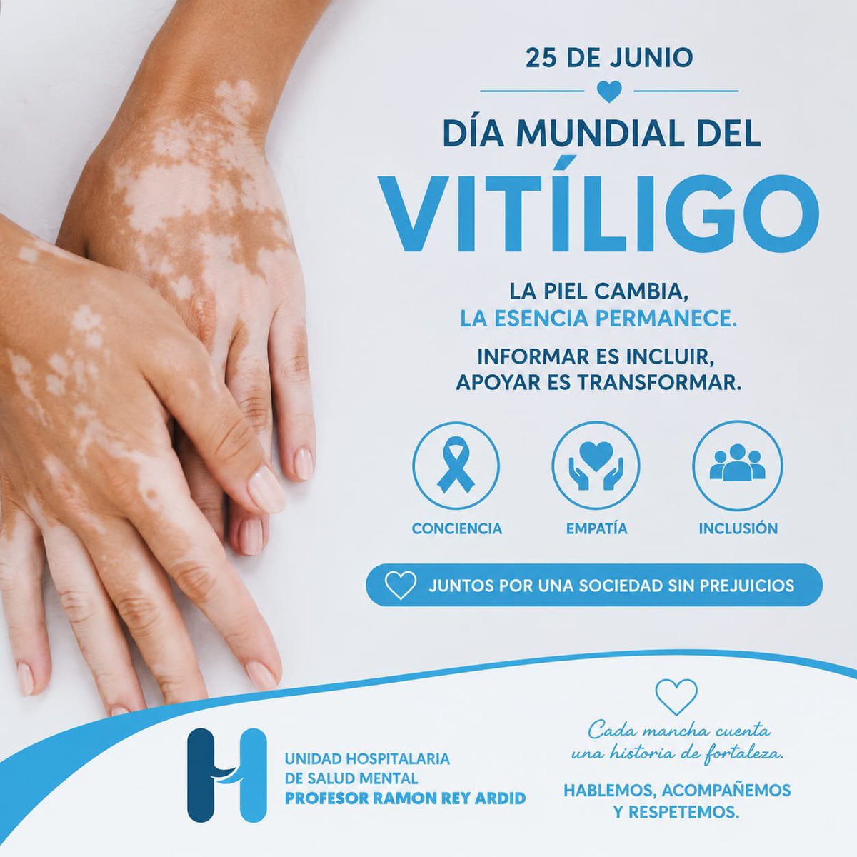 unihsam's tweet photo. 💙🤍 Día Mundial del Vitíligo | 25 de junio.
Hoy nos unimos para crear conciencia sobre el vitíligo, una condición que cambia el color de la piel, pero jamás la esencia, el valor ni la belleza de quienes la viven.
Cada mancha cuenta una historia de fortaleza, resiliencia y acepta https://t.co/wmTrorDspG
