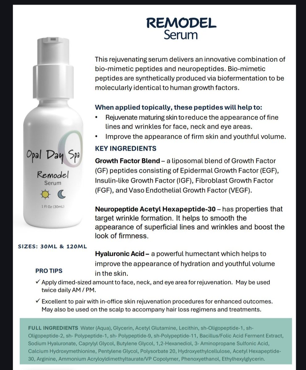 OpalDaySpa's tweet photo. ✨️Remodel Serum by Opal Day Spa ✨️Powerful bio-mimetic growth factor blend (EGF, FGF, IGF-1, VEGF) + Acetyl Hexapeptide-30 + Hyaluronic Acid.  Rejuvenates maturing skin, reduces fine lines &amp; wrinkles, boosts firmness &amp; youthful volume. Perfect for face, neck, eyes even scalp https://t.co/XZVIi8vbhA