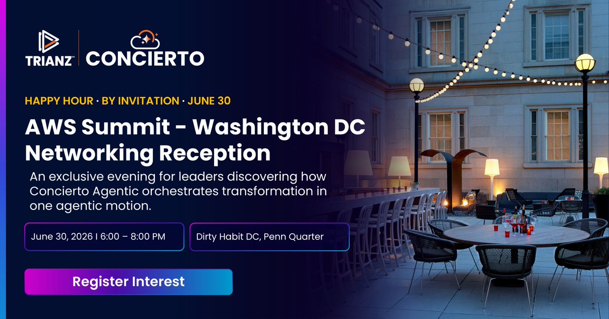 trianz's tweet photo. After a day navigating the AWS Summit Washington DC floor, let's catch up for an evening of meaningful discussions on enterprise transformation.
 
Trianz is hosting an exclusive, by-invitation networking reception at Dirty Habit DC — a distinctive venue in Penn Quarter— where senior enterprise leaders, AWS executives, and transformation innovators gather to discuss how to actually move enterprise transformation faster.
 
No product demos. No slides. Just peer-to-peer dialogue with leaders who are actively navigating cloud migrations, modernizing legacy infrastructure, and building AI-ready technology estates.
 
If you're in Washington DC and your organization is navigating cloud or AI transformation, this is the room where decisions get made.
 
𝗪𝗵𝗮𝘁 𝘁𝗼 𝗘𝘅𝗽𝗲𝗰𝘁:
 • How Concierto Agentic and AWS Transform are accelerating enterprise transformation
 • Leaders across industries scaling cloud migrations and modernization
 • Curated cocktails and globally-inspired dining in one of Penn Quarter's best spaces
 
Tuesday, June 30 | 6–8 PM | Dirty Habit DC, Penn Quarter
 
Invitation-only. Seats are limited. 
Register your interest: https://t.co/8eRHMTjOsT
 
#Concierto #EnterpriseTransformation #AgenticAI
