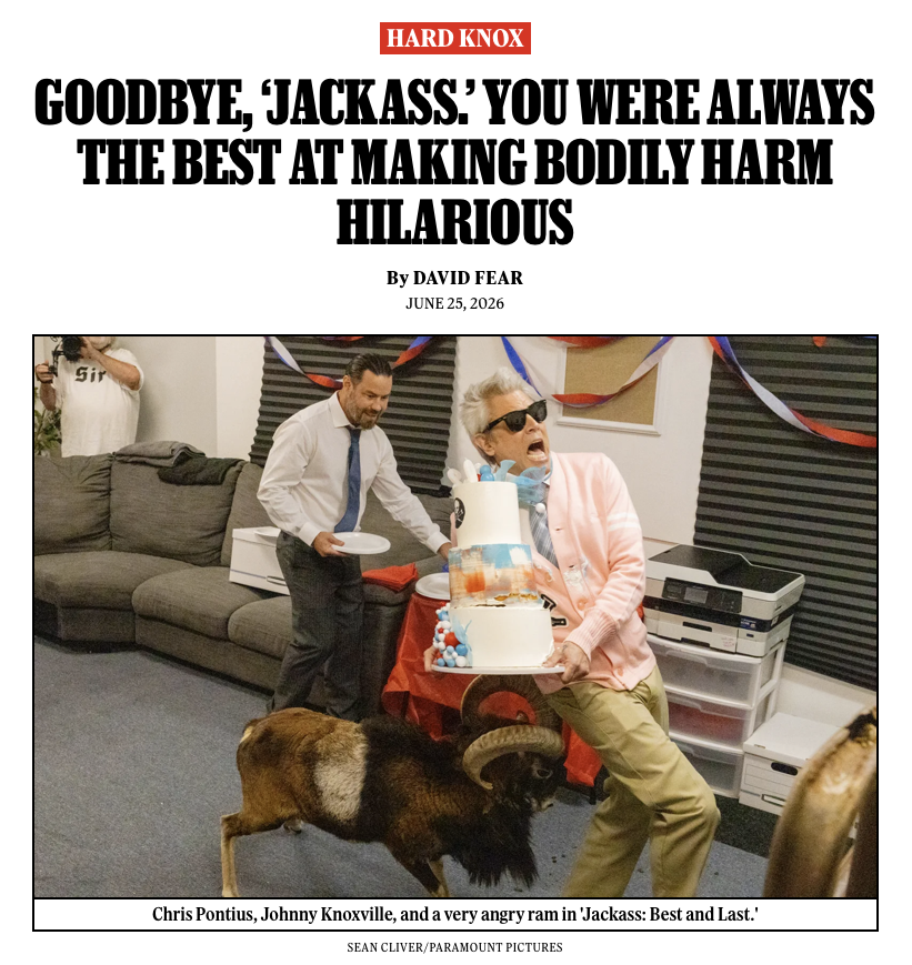 RollingStone's tweet photo. Part greatest-hits compilation and part fresh kicks to the nuts, 'Jackass: Best and Last' is a well-deserved victory lap for Johnny Knoxville and pals. 

REVIEW: https://t.co/eQwEUXvHXm https://t.co/ILKvjjcWui