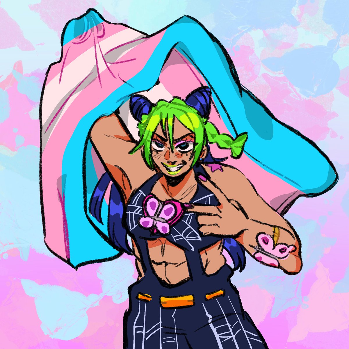 feotsuki's tweet photo. Jolyne supports the trans community 😊🏳️‍⚧️!!!! 
#jjba #jjbafanart https://t.co/I0LKOklBZH