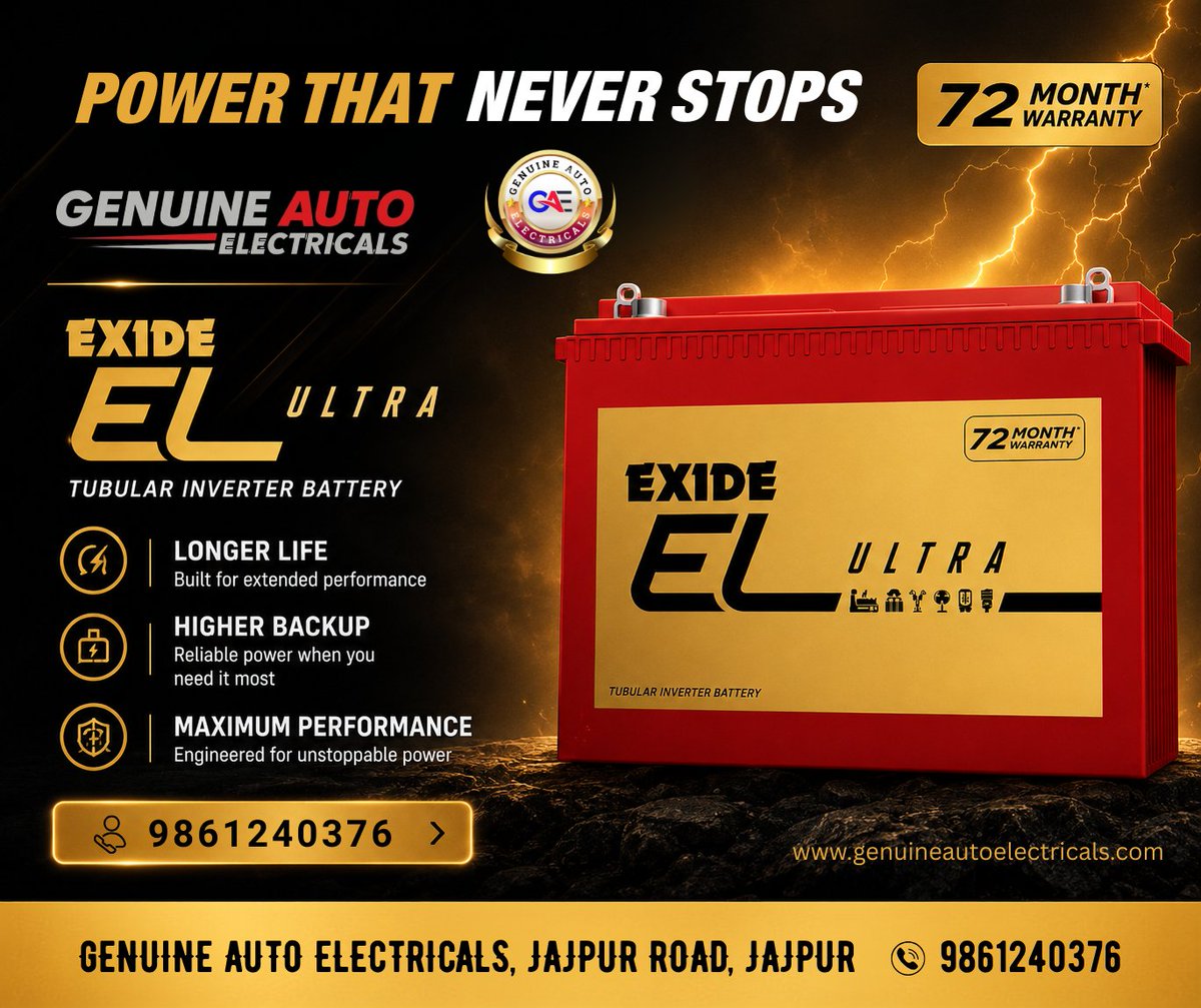GenuineAutoEle's tweet photo. Exide EL-ULTRA-220Ah Tubular Battery, now in stock at Genuine Auto Electricals in Jajpur, Odisha!

This isn't just any battery; it's a premium C10 tubular inverter battery designed for modern homes that demand powerful, reliable, and uninterrupted performance.

Call: 98612 40376 https://t.co/lb2n85Iknk
