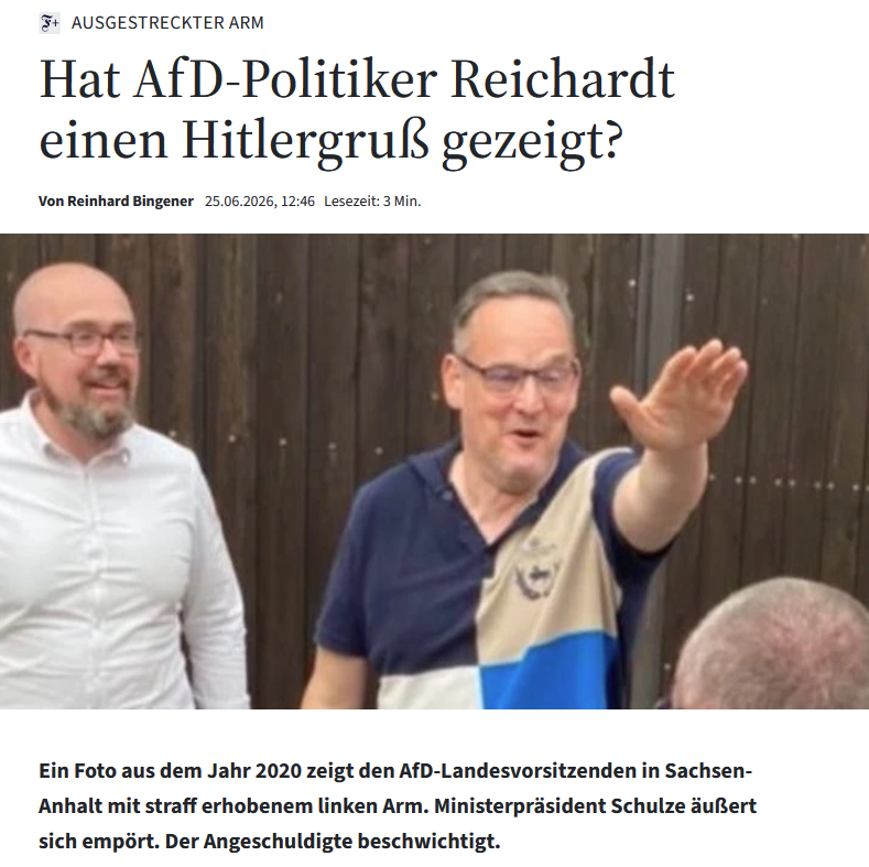 PeterBorbe's tweet photo. Es war völlig klar, dass die Bemühungen zur Zerschlagung der politischen Opposition in Deutschland in diesem Jahr ganz neue Höhen erreichen werden, und so ist es kein Zufall, dass nun zeitlich mehrere Kampagnen laufen, um dieses Ziel zu verfolgen.

Eine linksradikale NGO erstellt mit KI-Einsatz ein lächerliches "Gutachten", das vor allem darauf basiert, dass grundsätzlich jede nicht-linksgrüne politische Einstellung automatisch verfassungswidrig ist. Warum ein solches Machwerk offiziell in der in der Bundespressekonferenz (BPK) präsentiert werden darf, ist eine berechtigte Frage.

Gleichzeitig hat man wieder mal eine lächerliche "Hitlergruß"-Affäre erfunden, die weniger Substanz hat hat die damaligen Hitler-Tagebücher im "Stern". Und dennoch springt die Presse fast komplett auf diesen Fake-News-Zug auf.

Solch propagandistisches Trommelfeuer wird bis zu den anstehenden Landtagswahlen weiter eskalieren und ganz neue Stufen erreichen. Wünschen wir den Bürgern dieses Landes die Weitsicht, zu durchblicken, dass all dies nur mit einem einzigen Ziel geschieht: Ein kartellartiges Bündnis aus CDU/CSU, SPD, Grünen und Linken (und FDP, falls sie noch irgendwo über 5% kommen) an der Macht zu halten. Für immer.