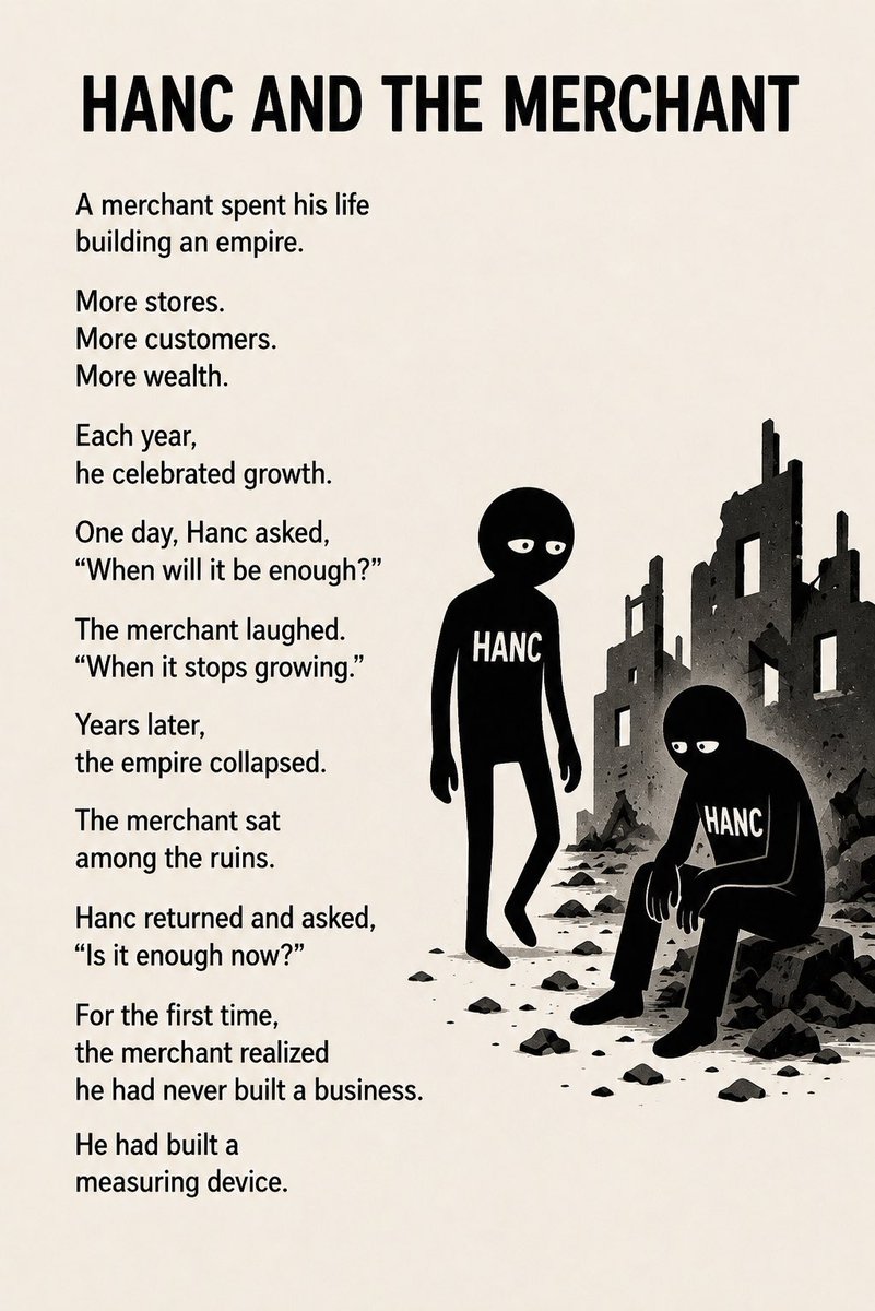 OddHanc's tweet photo. 💰 HANC AND THE MERCHANT

A merchant spent his life building an empire.
More stores.
More customers.
More wealth.
Each year, he celebrated growth.
One day, Hanc asked,
“When will it be enough?”
The merchant laughed.
“When it stops growing.”
Years later, the empire collapsed.
The merchant sat among the ruins.
Hanc returned and asked,
“Is it enough now?”
For the first time,
the merchant realized
he had never built a business.
He had built a measuring device.

#HancStories #Ethereum