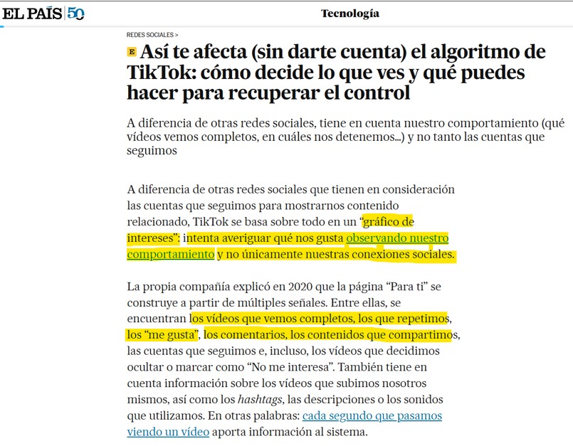 juliandezubiria's tweet photo. La Unión Europea está analizando cómo nos manipula Tik Tok. Quiere regularlo. Lo que encuentra es que recurre a un algoritmo que sigue nuestros gustos, comentarios, me gusta y visualizaciones completas. Según eso, recomienda los siguientes videos.  https://t.co/kHtmQMPCtK https://t.co/SBhGAZproc