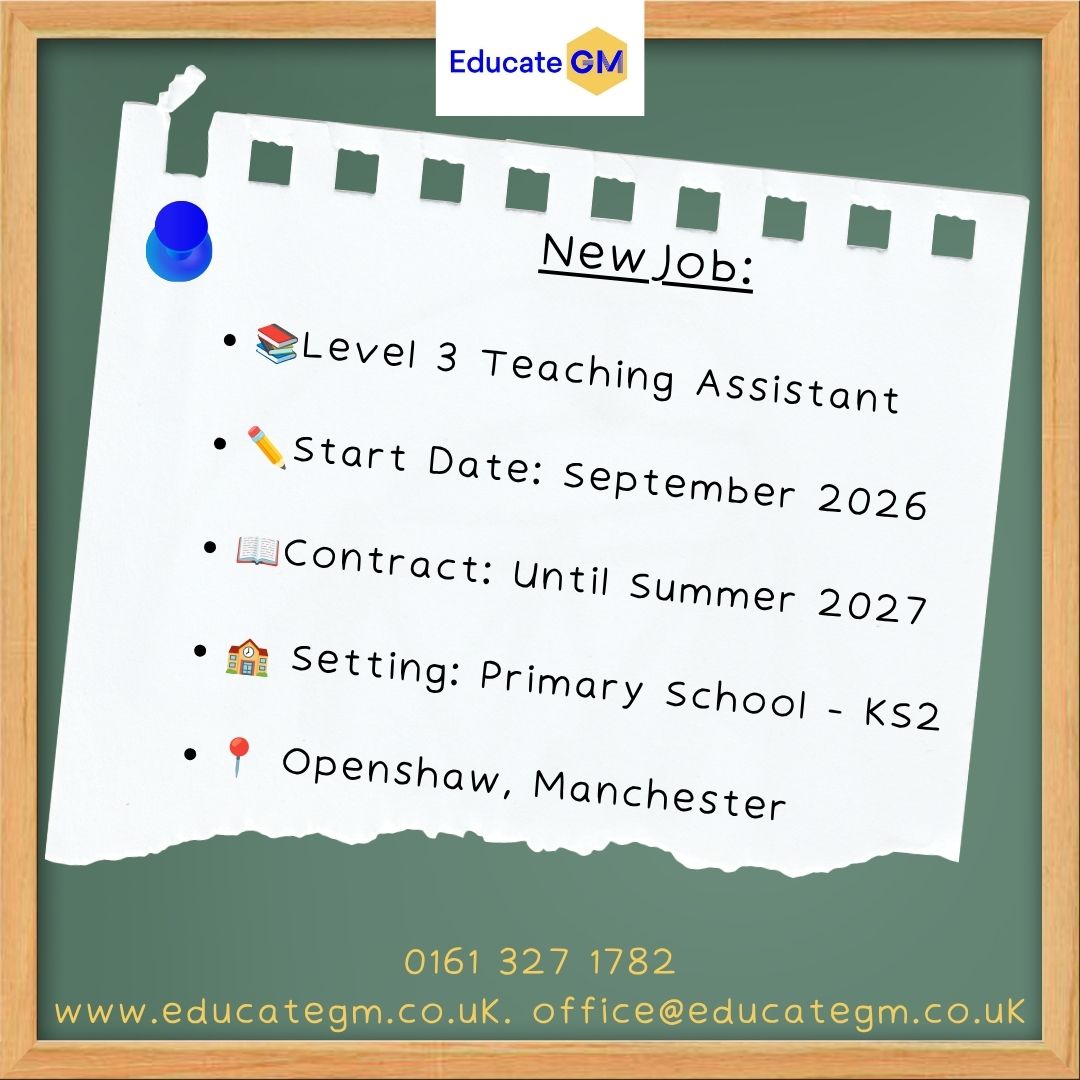EducateGM's tweet photo. 📚 New Role Alert!

📍 Openshaw, Manchester
 🏫Primary School - KS2
 ✏️ Start Date: September 2026
 📖Contract: Until Summer 2027

This is a brilliant opportunity to make a real difference to pupils' lives across Key Stage 2!

#EducateGM #WeHelpSchoolsExcel #TeachingAssistantJobs https://t.co/4aCqw2Fogm