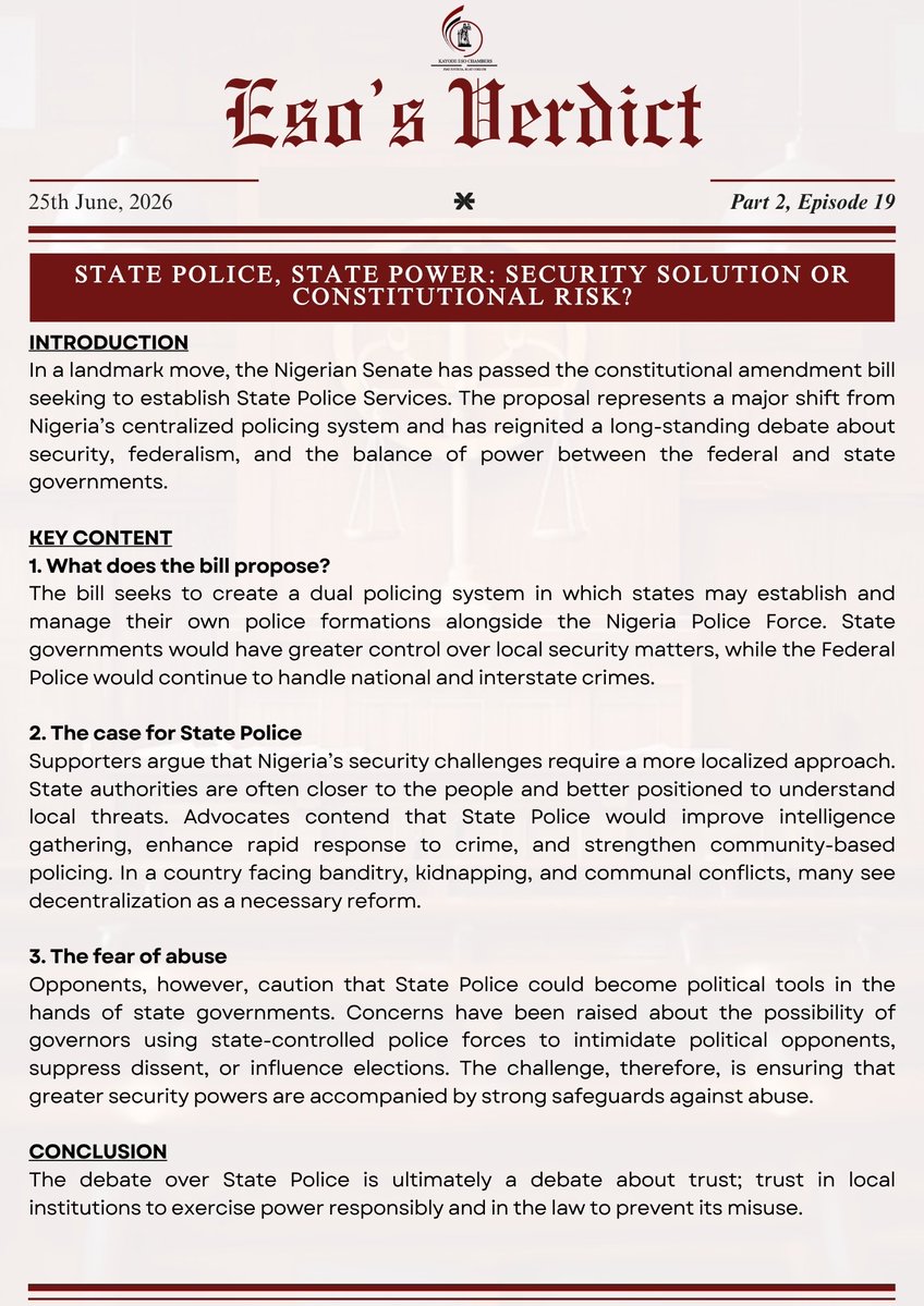 EsoPeople's tweet photo. Insecurity looms, the Senate moves. 
Today, Eso’s Verdict reviews the establishment of State Police, its constitutional implications, and the pros and cons resulting from its implementation. 

Is this a solution or a risk poser?

Read, Reflect and Share.

©️ THE MEGA TEAM. https://t.co/bwXXRNHASR