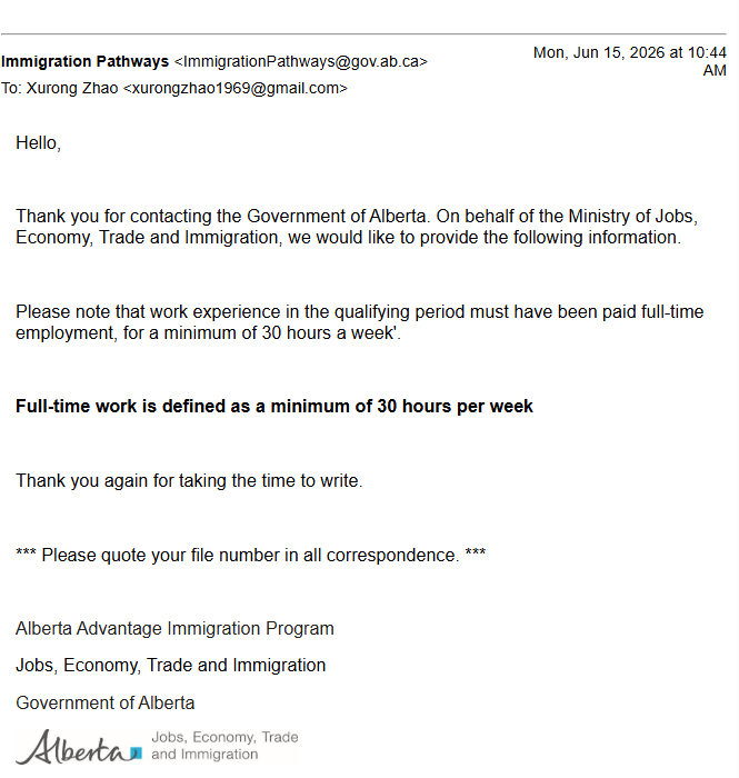 Trackway2Canada's tweet photo. AAIP：1-2 hours shy of 30 hrs/week = ineligible work experience.

Asked AAIP for clarification: Applicant (employed at a clinic in a designated rural community in Alberta) works 30+ hours per week most of the time. but occasionally dips to 28 or 29 hours due to clinic fluctuations. Is the work experience eligible?

AAIP's reply (after a few email exchanges): Full-time work is defined as a minimum of 30 hours per week. 

#AAIP #RuralRenewalStream #AlbertaImmigration