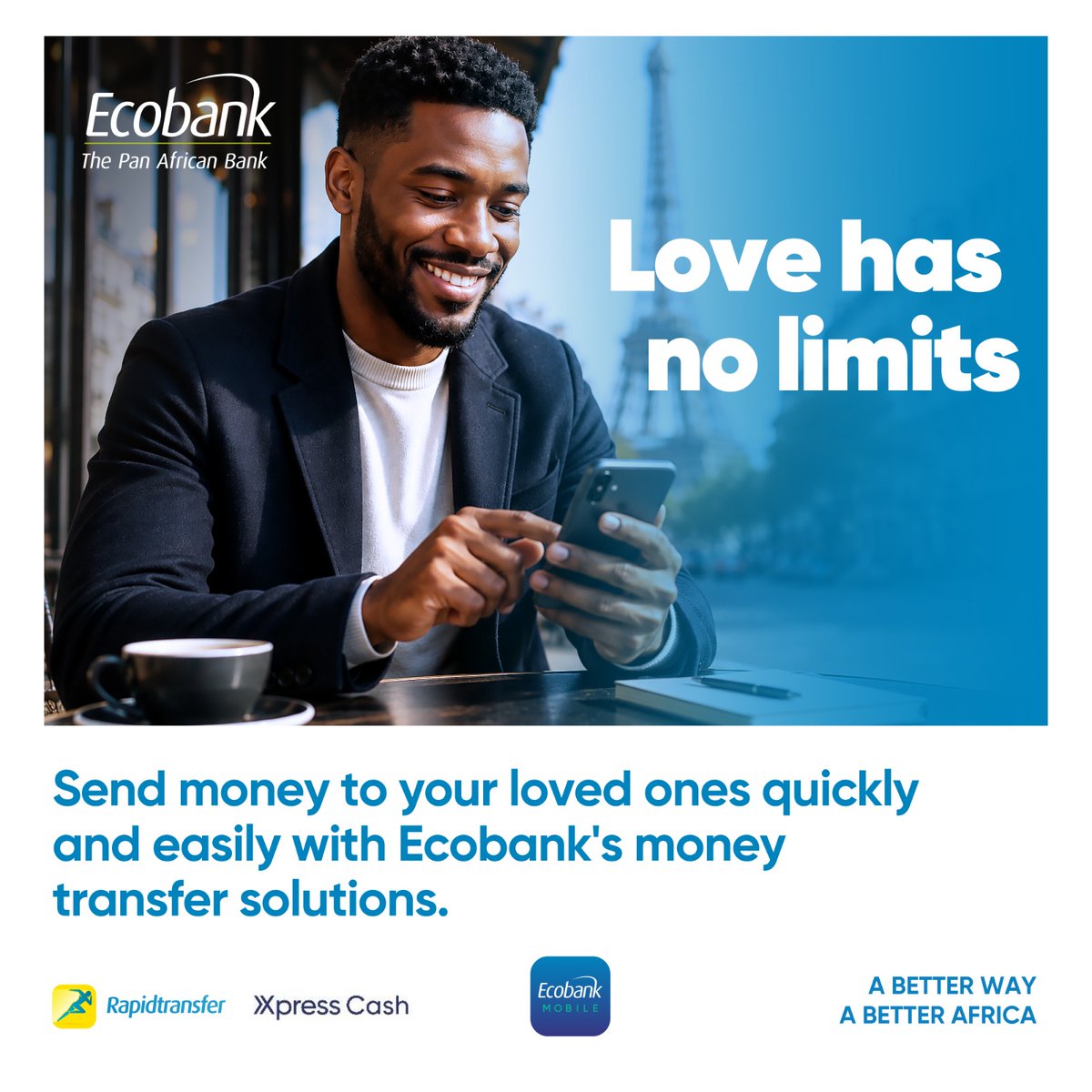 EcobankCameroun's tweet photo. Love has no limits!

Send money to your loved ones quickly, securely and conveniently with Rapidtransfer, Xpress Cash and Ecobank Mobile.

#Rapidtransfer #XpressCash #EcobankMobile #MoneyTransfer #EcobankCameroon https://t.co/T7jhPrpDAw
