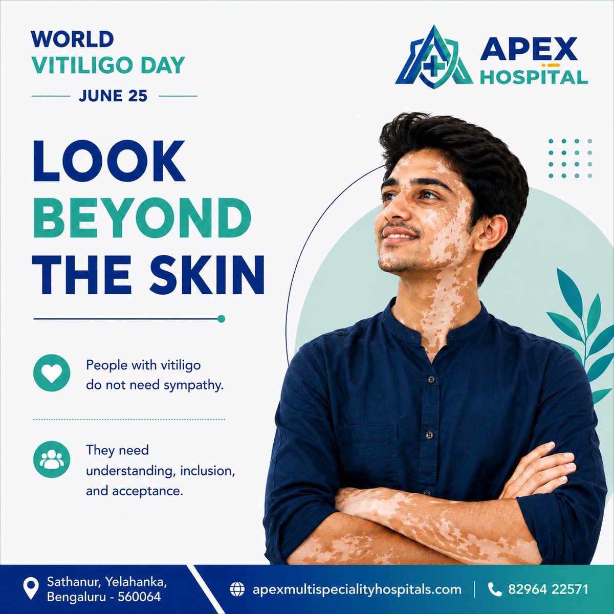 Apex_MSH's tweet photo. Look Beyond the Skin. 

Vitiligo changes skin pigmentation, not a person's strength, potential, or dreams.

This #WorldVitiligoDay, let's promote understanding, inclusion, and acceptance for all.

#VitiligoAwareness #LookBeyondTheSkin #ApexHospital #HealthcareAwareness #June25 https://t.co/SHIYqYXjTW