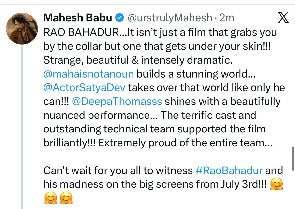 TrackTwood's tweet photo. Superstar #MaheshBabu himself was blown away by #RaoBahadur and its technical brilliance. Something truly big is guaranteed on July 3 💥💥 https://t.co/eUigFSw0F5