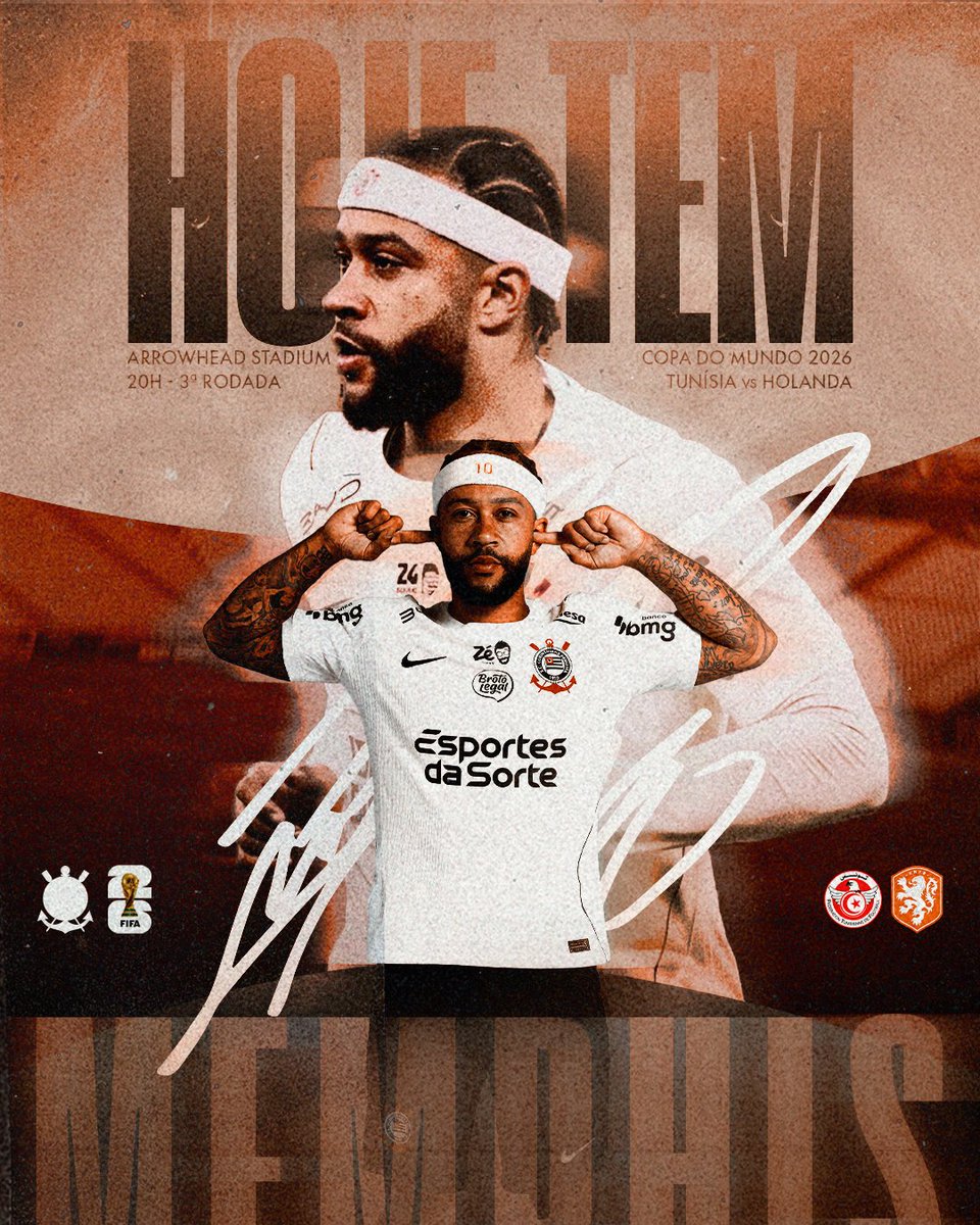 Corinthians's tweet photo. Hoje tem Memphis na Copa do Mundo da FIFA 2026™! 🦁

⚽ Tunísia (🇹🇳) x Holanda (🇳🇱)
🏆 Copa do Mundo da FIFA 2026™ (fase de grupos - 3ª rodada)
⏰ 20h (horário de Brasília)
🏟️ Estádio de Kansas City
📺 Cazé TV

#TimãoPelaCopaDoMundo
#VaiCorinthians https://t.co/QxxJYInKPT