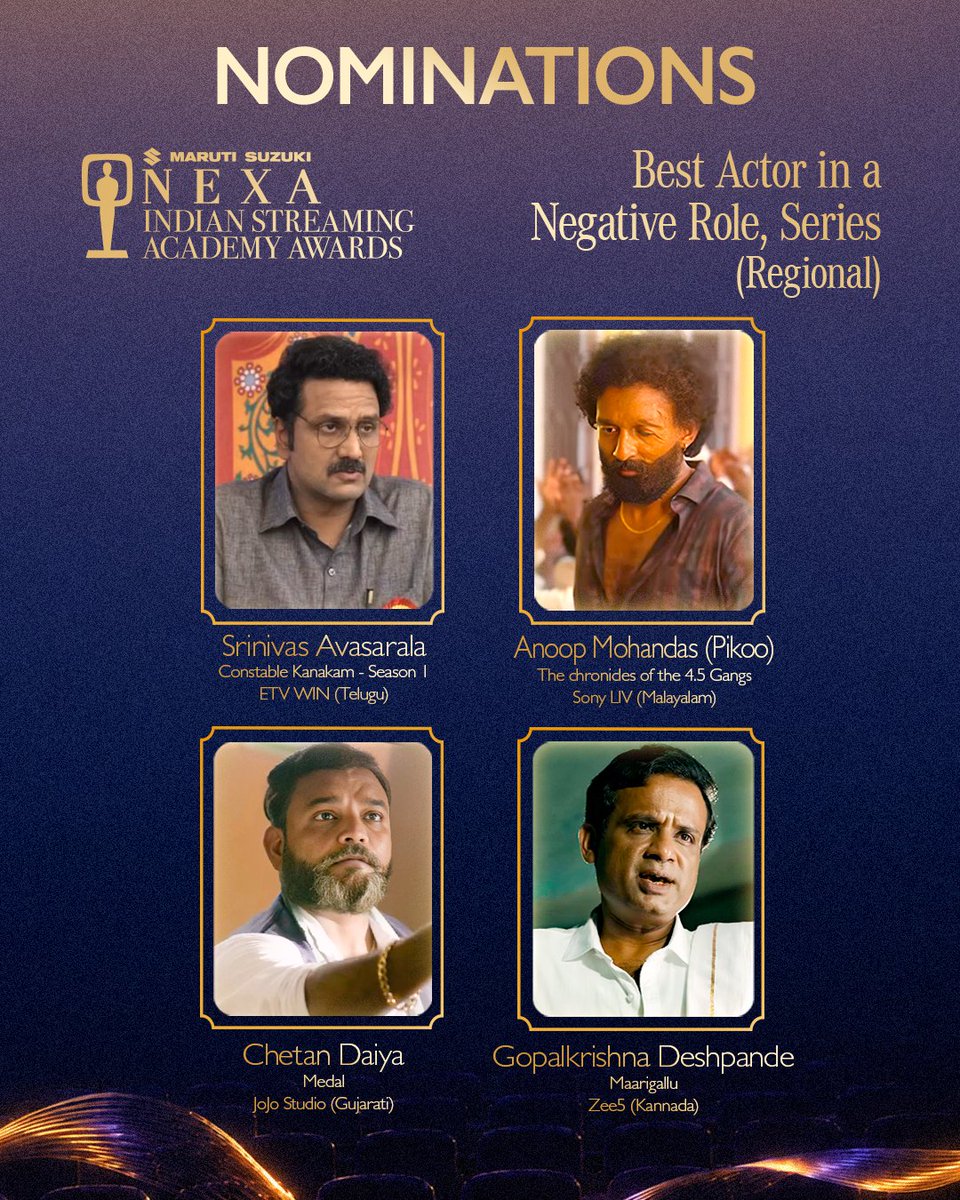 StreamingAwards's tweet photo. Every compelling conflict begins with a character audiences cannot ignore.

Presenting the nominees for Best Actor in a Negative Role, Series | Regional.

ISAA 3rd Edition
July 18 · Fairmont Mumbai

#ISAA2026 #IndianStreaming #ISAA3 https://t.co/uLmZwr9zlN
