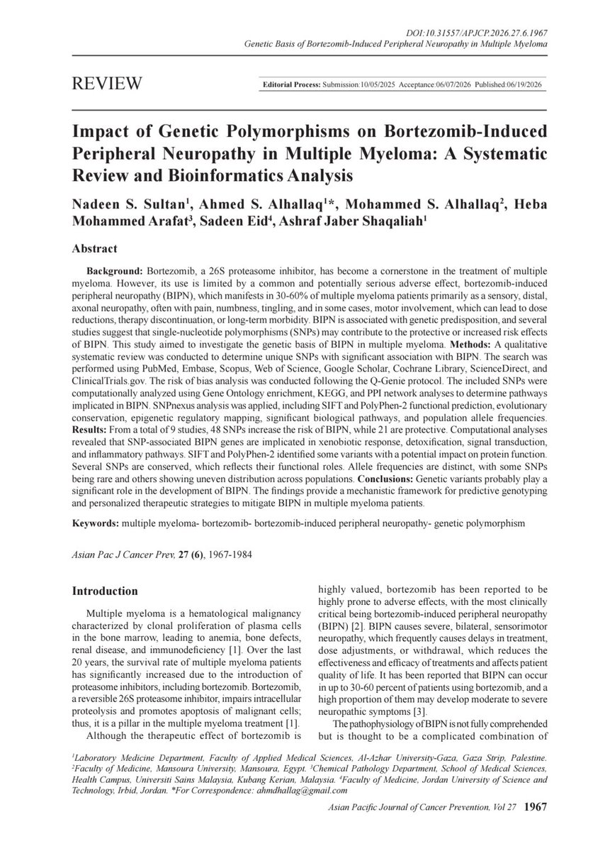 AhmdHallag's tweet photo. Our latest accepted research on the genetic basis of bortezomib-induced peripheral neuropathy (BIPN) in multiple myeloma is now published in APJCP. 

Link: https://t.co/VDpbQ2IcaV https://t.co/umVT7qO2gP