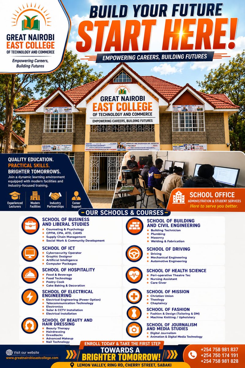 necpd__'s tweet photo. 🔥 Don't Just Dream About Success—Train For It!
Enroll at Great Nairobi East College and gain the practical skills employers are looking for. Admissions are ongoing. Start your journey toward a brighter future today! #BuildYourFuture #StartHere https://t.co/TbsOIPa6dp
