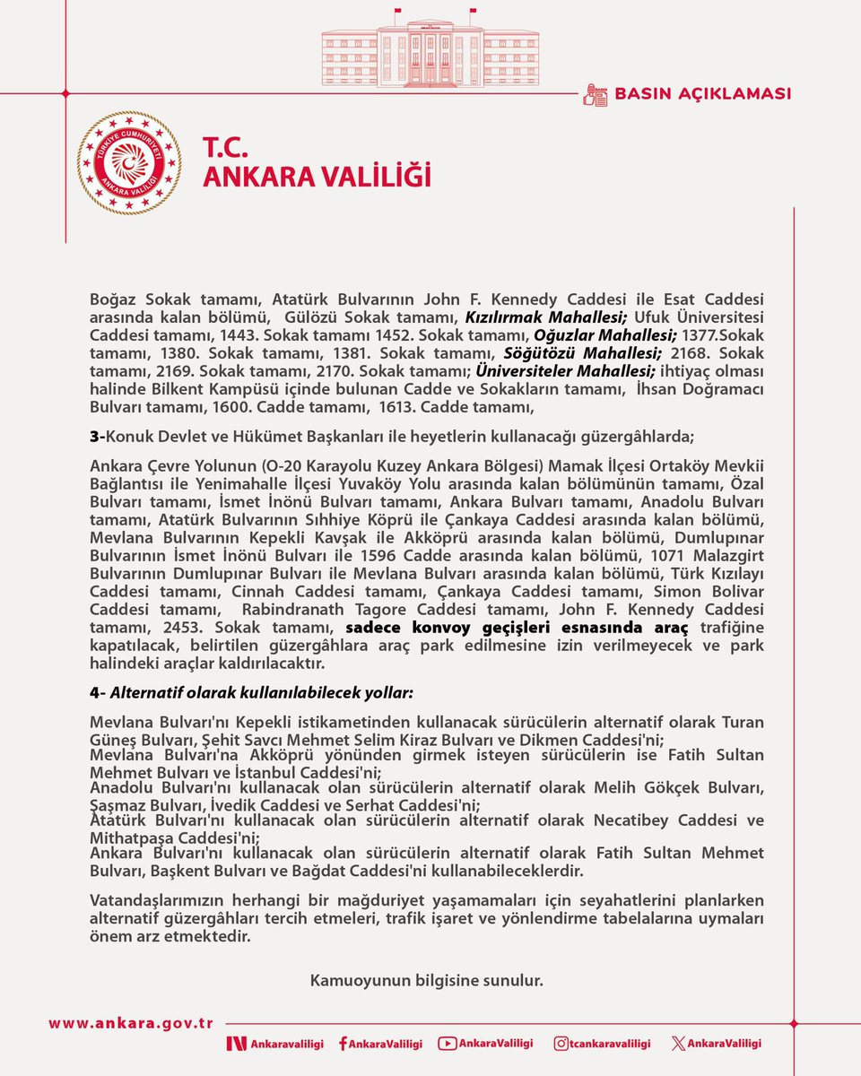AltAjans's tweet photo. #SONDAKİKA 36’ncı #nato Devlet ve Hükümet Başkanları #Ankara Zirvesi kapsamında trafiğe kapatılacak yollar belli oldu. 

Valilik Açıklamasına göre; Sakıp Sabancı Bulvarı, Söğütözü Caddesi, Beştepe Caddesi ile İhsan Doğramacı Bulvarı tam kapalı yol olacak. 

#temmuz https://t.co/v4Yo2sQaTQ
