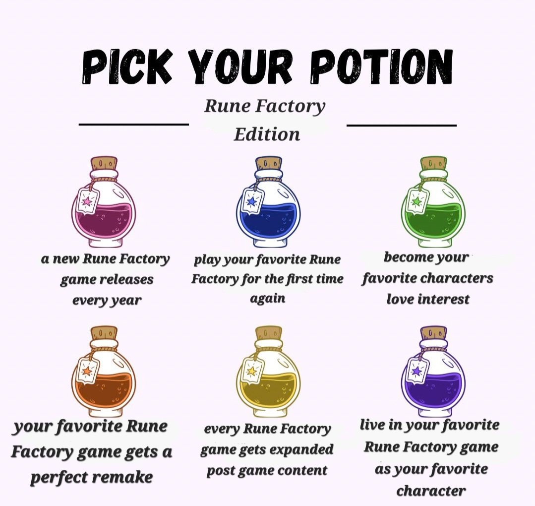Apricot064's tweet photo. made a rune factory version 😋

I feel like mine would be an easy guess, but never know 😋

what would you pick? https://t.co/vni135JKe4