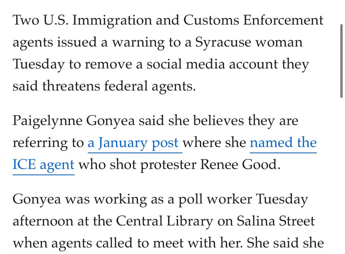 RVAwonk's tweet photo. ICE went into a polling place Tuesday (which is illegal) to track down a woman and demand she remove an Instagram post that identified Jonathan Ross as the ICE agent who killed Renee Good (which is correct and has been widely reported).

Do we have a First Amendment anymore? https://t.co/D57EttWkZd
