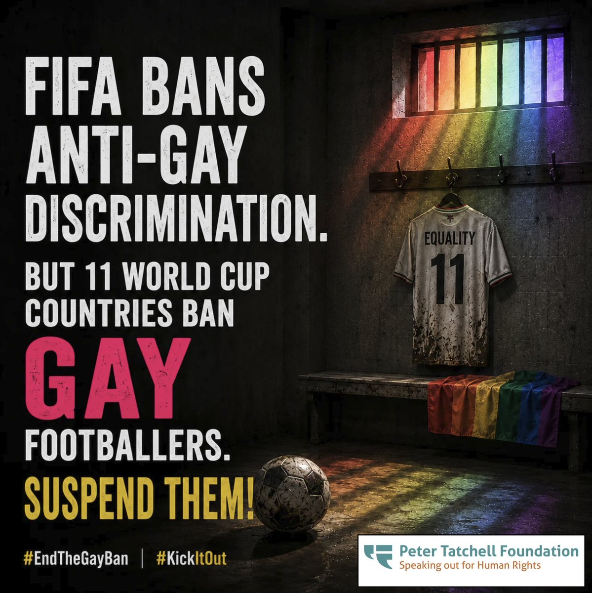 PeterTatchell's tweet photo. FIFA already has rules against discrimination. Now enforce them.

End the ban on gay World Cup players by 11 participating countries!

#EndTheGayBan https://t.co/LmMrz35rb2