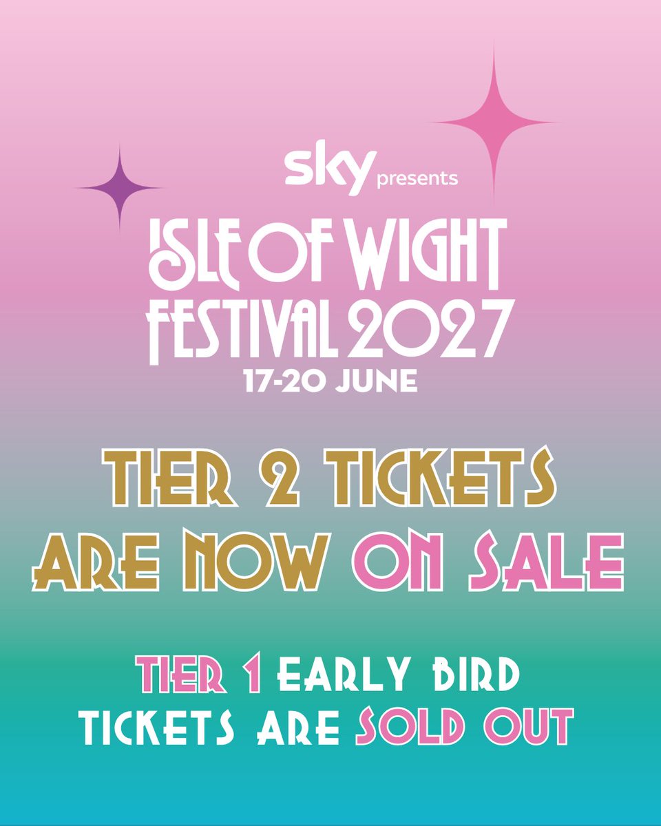 IsleOfWightFest's tweet photo. Tier 1 Early Bird Tickets are SOLD OUT! 

Limited tickets are now on sale at Tier 2 prices: 

https://t.co/Oa3T7ltBvo

#SkyxIOW #IOW2027 https://t.co/ovv8nKfIBY