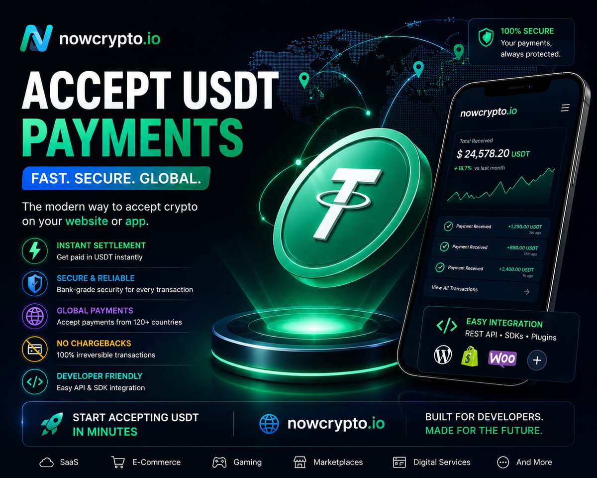 _NowCrypto_'s tweet photo. Accept USDT Payments with Confidence

⚡ Instant Settlement
🔒 Bank-Grade Security
🌍 Global Payment Support
🛡️ No Chargeback Risk
🛠️ REST API SDK &amp; Easy Integration

#NowCrypto #USDT #CryptoPayments #PaymentGateway #Web3 #Blockchain #FinTech #SaaS #Ecommerce #Gaming #Startup https://t.co/LN8xwiesxb