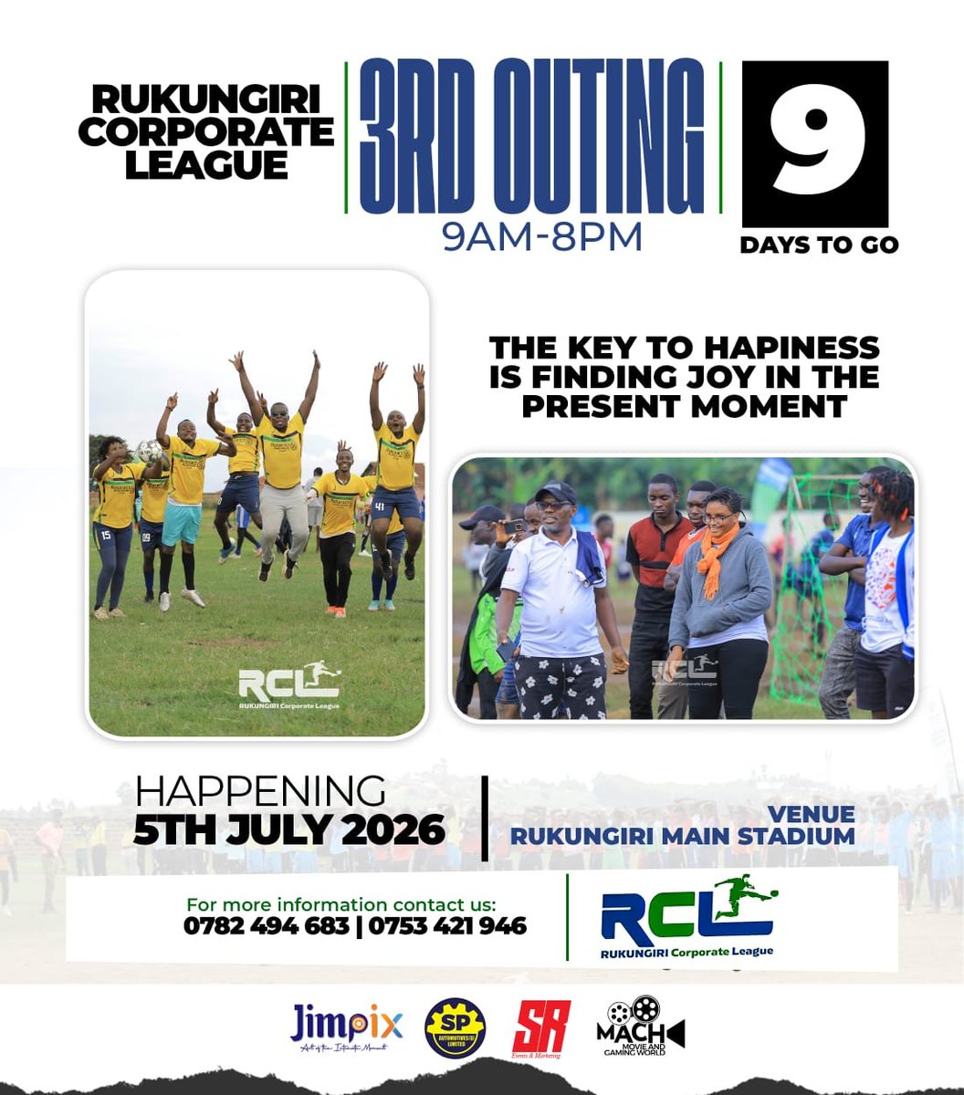ancu256's tweet photo. Finding joy in the present moment is the best ever.....
Don’t miss 3rd outing with football,volleyball, Aerobics,tug of war. 
9 days to go.
 
🗓️ 5th July 2026.
🏟️ Rukungiri main Stadium.

#RCLSeason2026
#3rdouting. https://t.co/T8DsO3wfWL