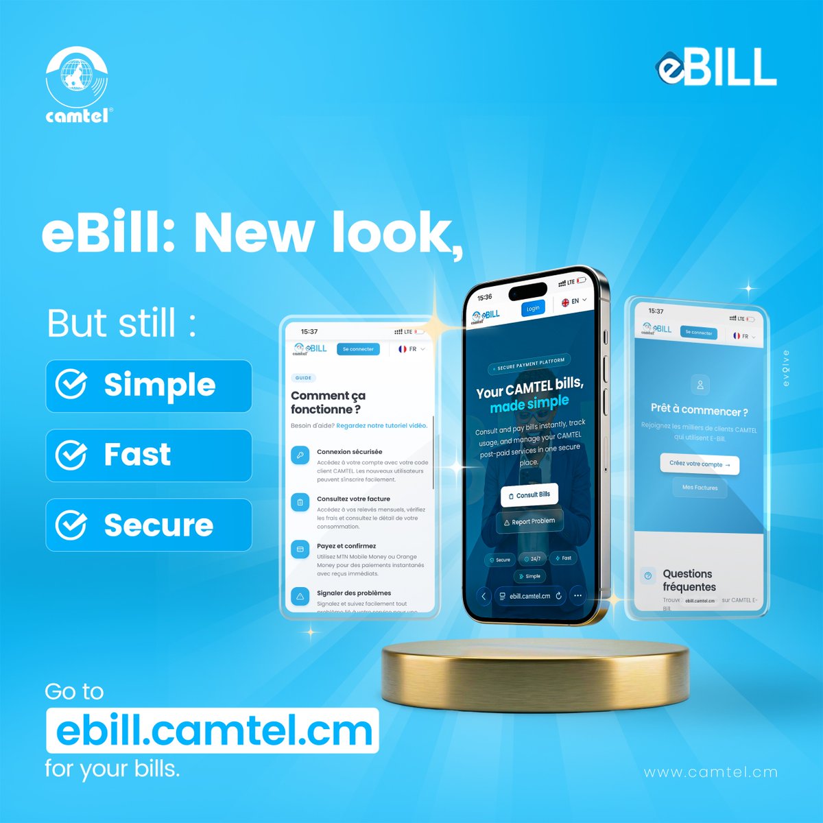 Camtelonline's tweet photo. eBill gets a facelift!
Check out the improved interface, designed to make paying your bills an even simpler, faster and more secure process.

Visit https://t.co/Y48O2d02iU
#EBill #CAMTEL #OnlineServices #Cashless
2/2 https://t.co/1M55zexTXn