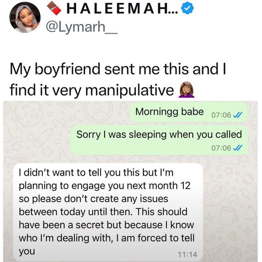 yabaleftonline's tweet photo. Lady shares message from her boyfriend ahead of his planned proposal. https://t.co/uiCoHtFa86