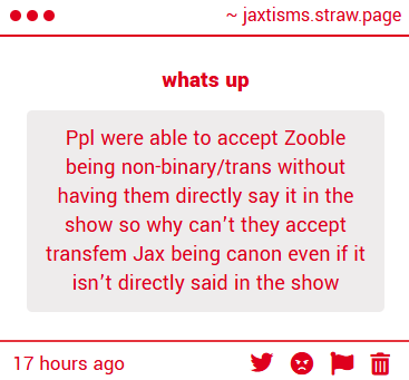 snickerolli's tweet photo. there are two reasons. 
1. some jax fans are transphobic and dont want to accept their big strong manly man is actually a woman with internalised misogyny 
2. some jax haters dont want to accept the man they hate so much is actually a repressed queer trans woman https://t.co/8IAB2O0btZ