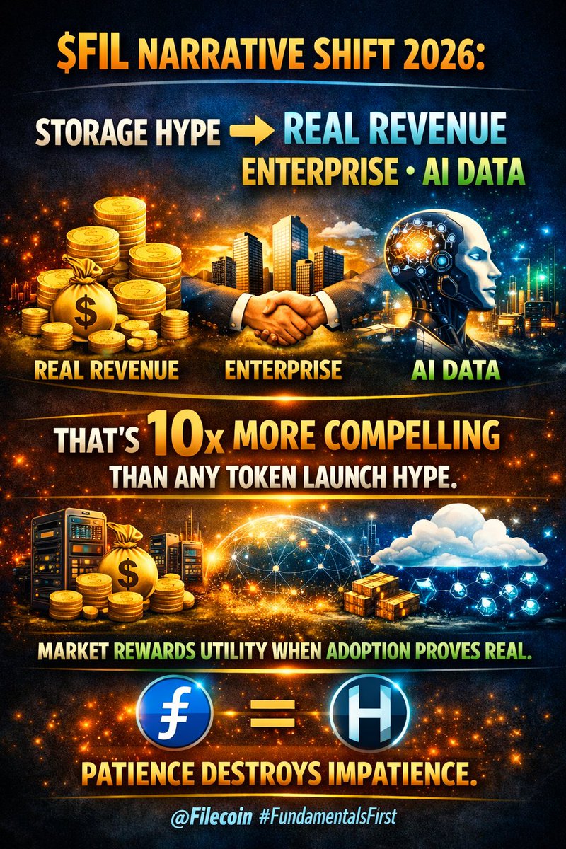Web3crypt0's tweet photo. $FIL narrative shift 2026: Storage hype → real revenue + enterprise + AI data. That's 10x more compelling than any token launch hype. Market rewards utility when adoption proves real. Patience destroys impatience. @Filecoin #FundamentalsFirst https://t.co/OEQK5jCKvS