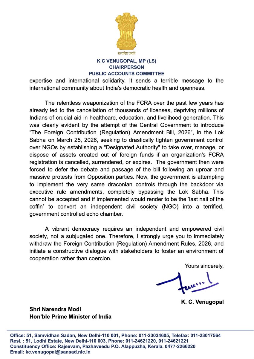 shemin_joy's tweet photo. KC Venugopal writes to PM Modi demanding withdrawal of FCRA rules, says it is designed not to regulate, but to strangulate NGOs @DeccanHerald https://t.co/9thCUk9dQO