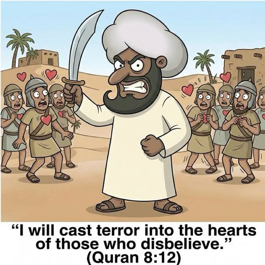 ImtiazMadmood's tweet photo. I Will Cast Terror into the Hearts of the Disbelievers
Quran 8:12 clearly states:
“I will cast terror into the hearts of those who disbelieve. Therefore strike them upon their necks and strike from them every fingertip.”

This is Islam’s message of peace and mercy.

This is not divine mercy.
It is a clear call to terror and intimidation.

- Atheist Republic International