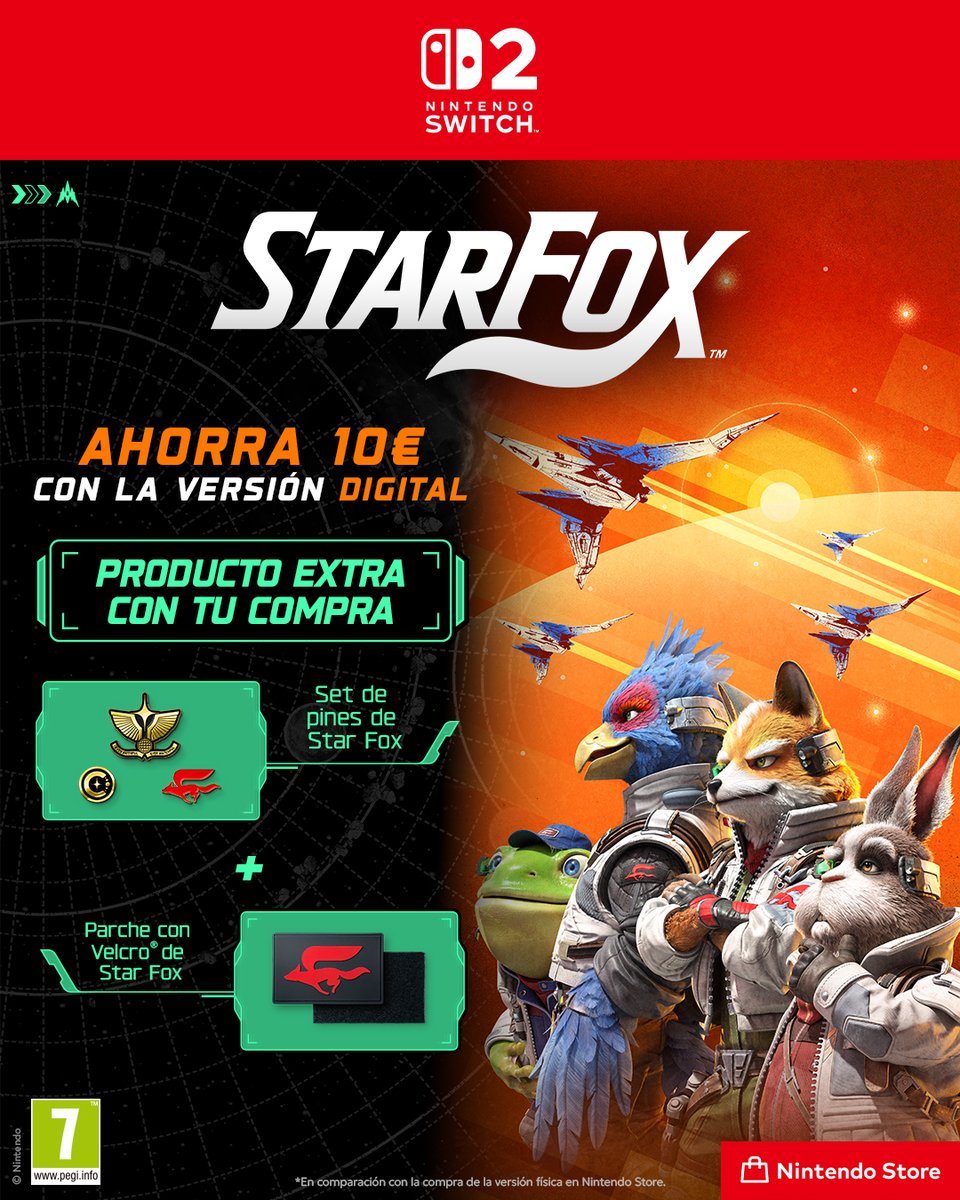 NintendoStoreES's tweet photo. ¡La aventura comienza hoy!  #StarFox ya está disponible en exclusiva para #NintendoSwitch2.

Puedes jugarlo hoy mismo si compras la edición digital en #NintendoStore, que también incluye un set de pines y un parche de velcro de Star Fox como bonus.

🛒: https://t.co/3yogZsaNVe https://t.co/SJEp7tPRfV