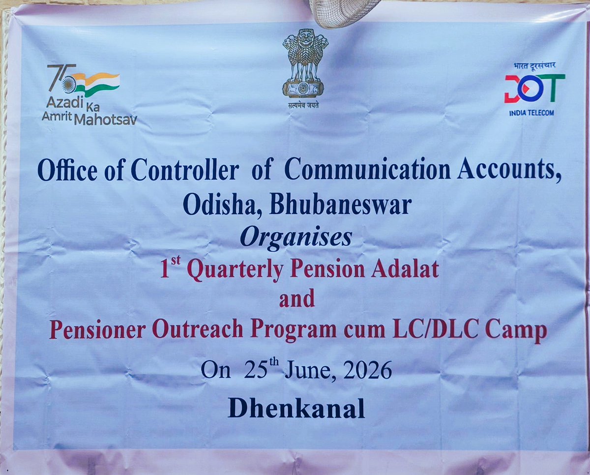 ccaodisha's tweet photo. @ccaodisha organized the 1st Quarterly Pension Adalat &amp; Pensioners’ Outreach Programme-cum-LC/DLC Camp at Dhenkanal on 25.06.2026. Total 104 pensioners attended the camp, benefiting from grievance redressal and pension-related services.
#PensionAdalat
@ControllerDot 
@DoT_India https://t.co/TK5uIdZZGd