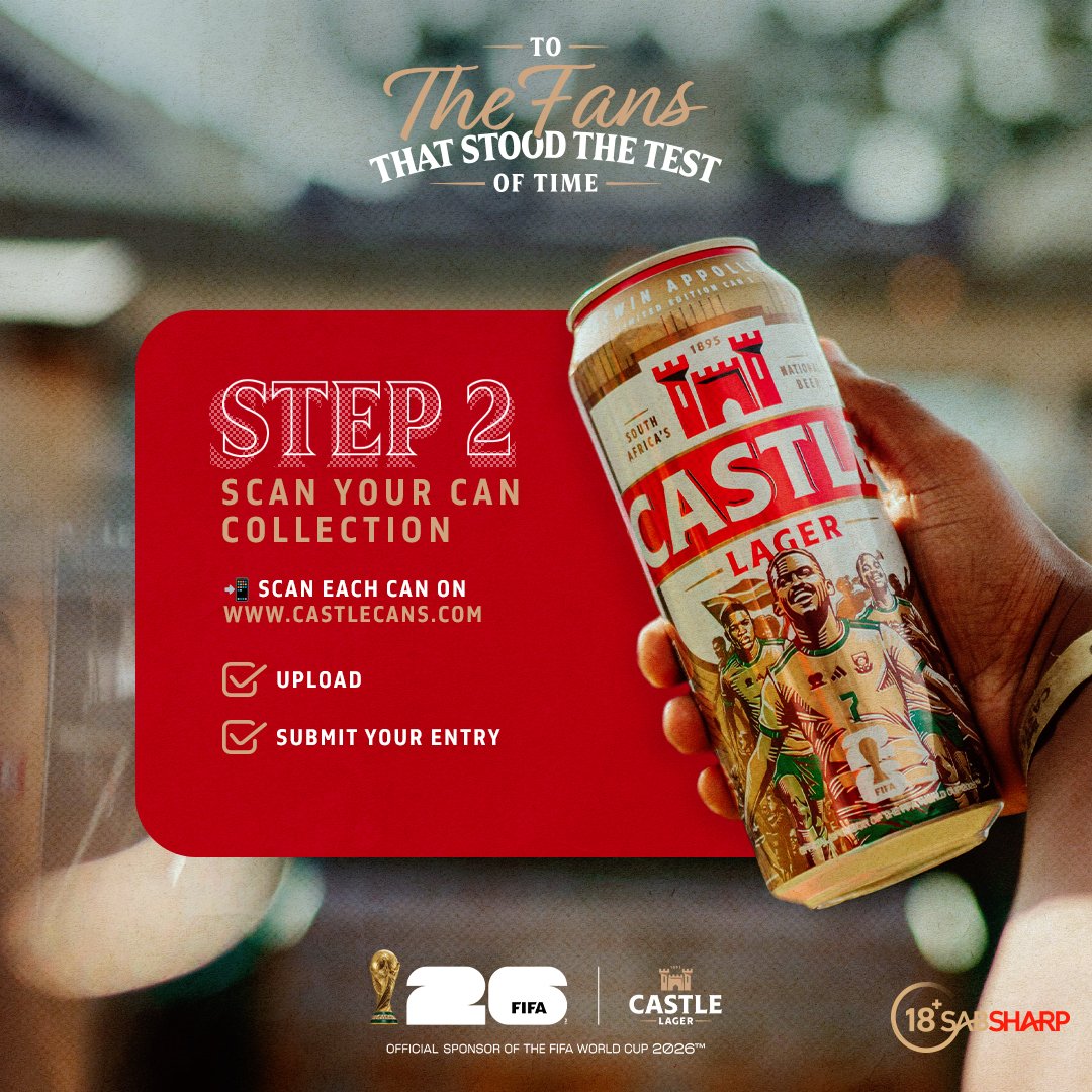 CastleLagerSA's tweet photo. INQAAABA! 🍻

To celebrate @BafanaBafana making it to the knockout stages. We’re giving away 6000 FIFA World Cup 26™ Castle Lager Cans.

Drop a SCREENSHOT of your SIGN-UP on Castle Cans using #FIFAWorldCup for A CHANCE to receive a COLD DM.

LINK: https://t.co/JYoDsC0kBN

#DlalaCastle  #BafanaPride