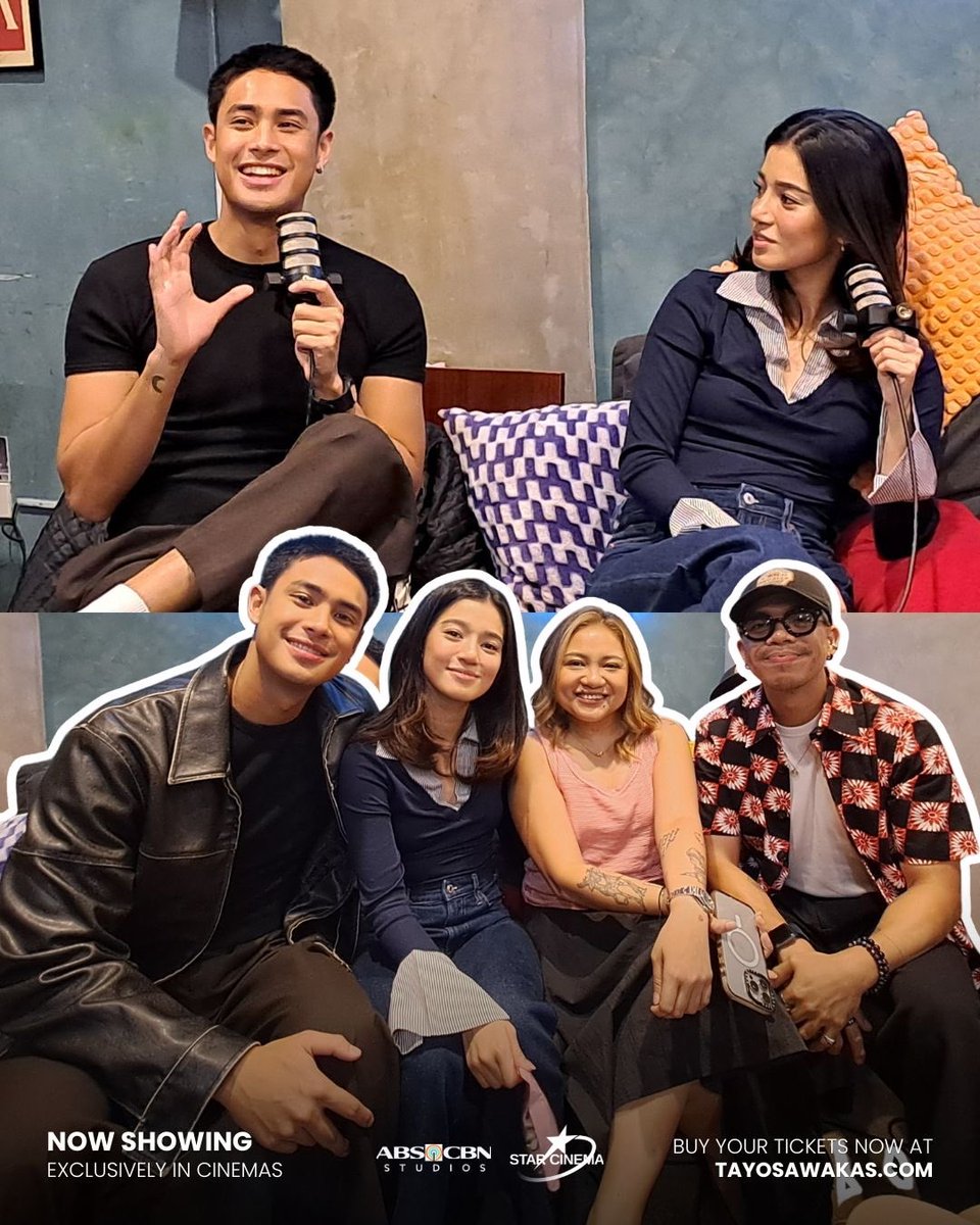 StarCinema's tweet photo. It’s a fun stop for Donny Pangilinan and Belle Mariano on Ang Walang Kwentang Podcast with Direk Antoinette Jadaone and Direk JP Habac— now on YouTube and Spotify. 🚙☁️

Get your tickets now and experience #TayoSaWakas (Us In The End) in cinemas WORLDWIDE! Visit https://t.co/GWCheUrvn0 and https://t.co/vaUIB51whp 🎟️