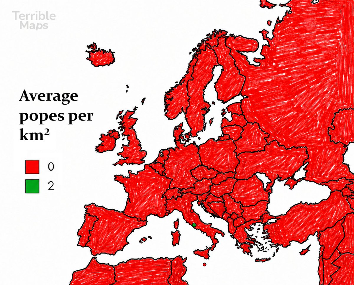 TerribleMaps's tweet photo. Average number of popes per square kilometre https://t.co/egd86JokUd