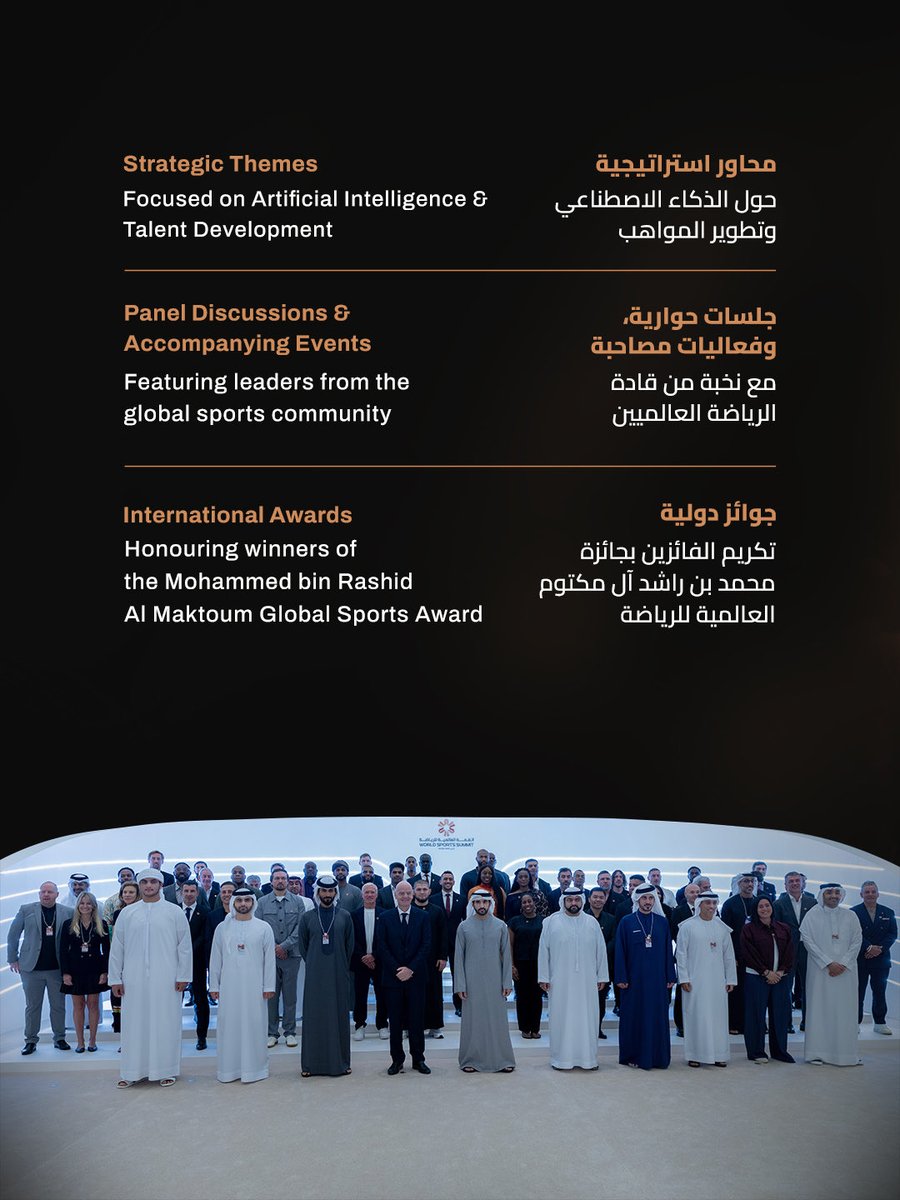 WSS's tweet photo. The World Sports Summit returns to Dubai for its second edition on 28 and 29 December 2026. A global platform bringing together more than 1,500 leaders, decision-makers and specialists, alongside 200 global sports stars, to unite efforts and shape the future of sport. Be part of it!