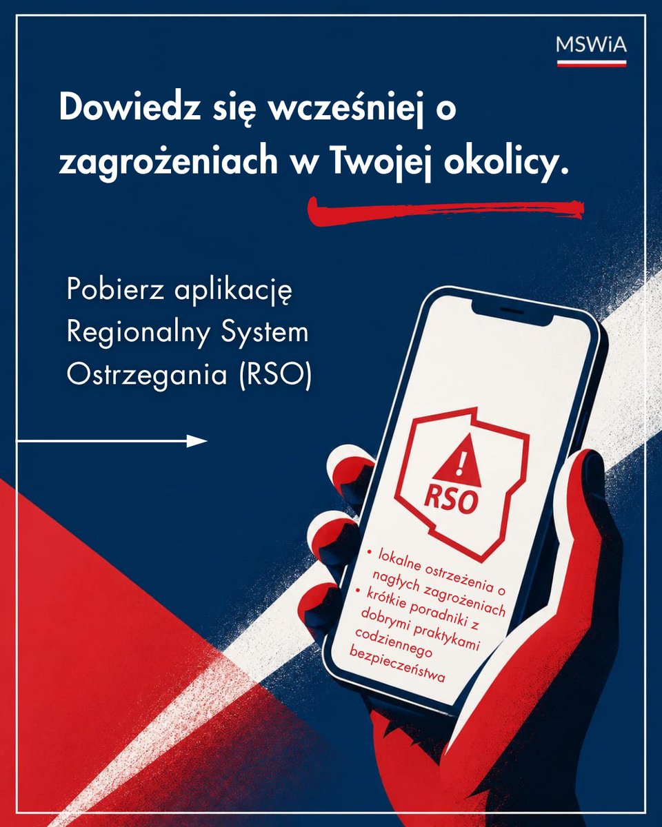 MSWiA_GOV_PL's tweet photo. Jak wyglądają ostrzeżenia o zagrożeniach dla Ciebie i Twoich bliskich? ☝🏻

📲 Aplikacja RSO – warto ją mieć w telefonie. Regionalny System Ostrzegania to aplikacja, gdzie dostajesz lokalne ostrzeżenia np. o poważnych utrudnieniach na drogach, niekorzystnej pogodzie czy wzroście stanu wód. Sam ją pobierasz, a w środku znajdziesz także krótkie poradniki ze wskazówkami przydatnymi do codziennego bezpieczeństwa.

⚠️ W sytuacjach ekstremalnych zagrożeń dla mieszkańców, uruchamiane są alerty @RCB_RP  (dostajesz SMS), syreny alarmowe, komunikaty w mediach oraz patrole służb z megafonami. Wówczas stosuj się bezwzględnie do poleceń służb.